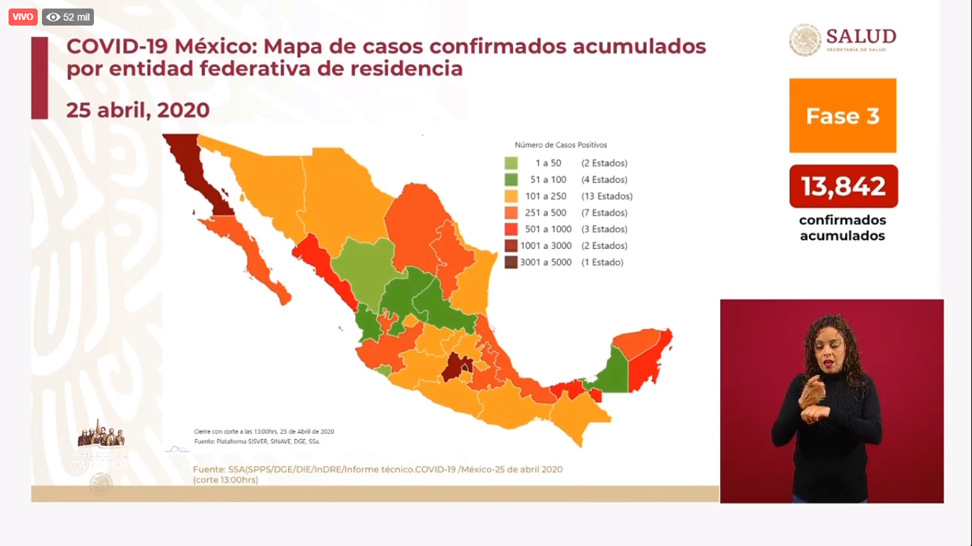 Mapa de casos confirmados al 25 de abril