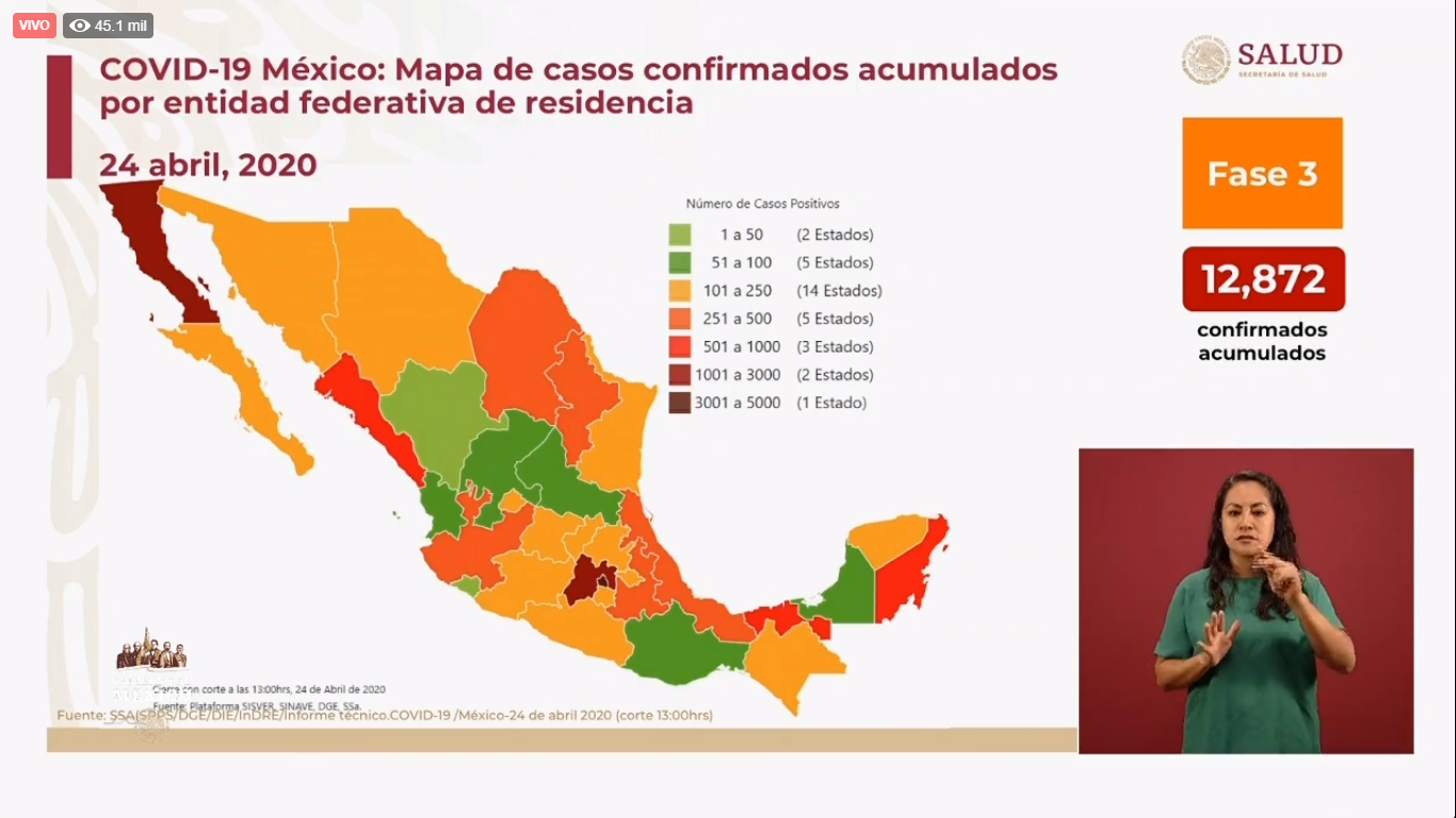 Mapa de casos confirmados por estado al 24 de abril