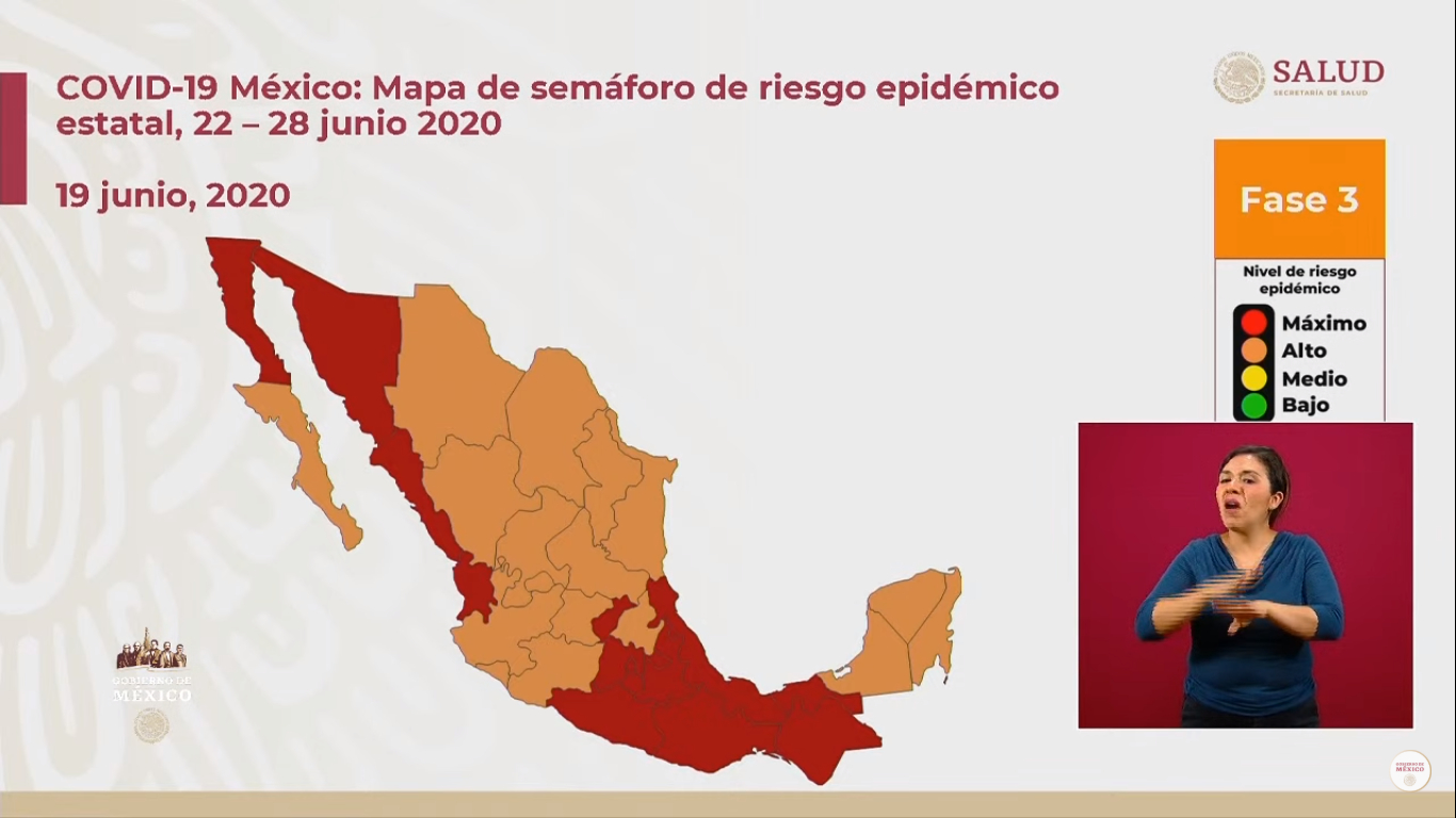 Mapa de semáforo de riesgo epidémico por estado al 19 de junio