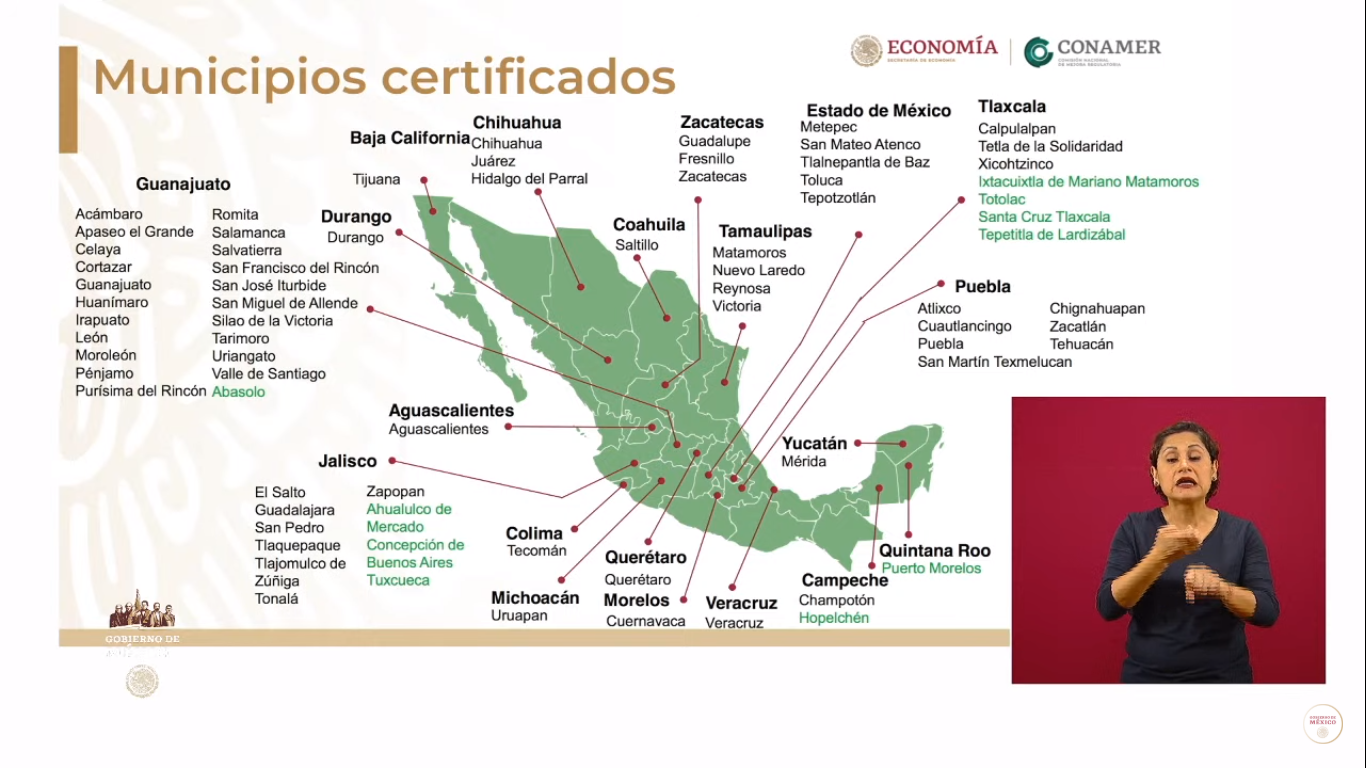 Municipios certificados por la Conamer para el SARE