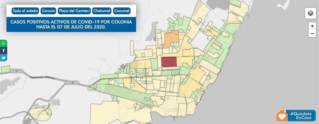 Casos positivos de Covid-19 por colonia en Chetumal