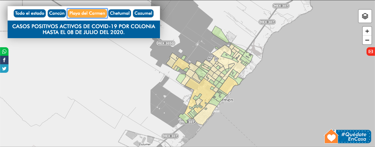 Casos activos por colonia en Playa del Carmen, al 8 de julio