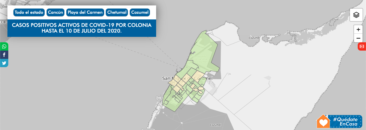 Casos activos por colonia en Cozumel