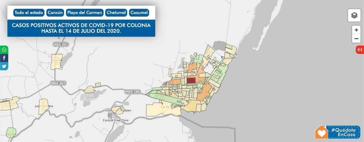 Casos activos por colonia en Chetumal