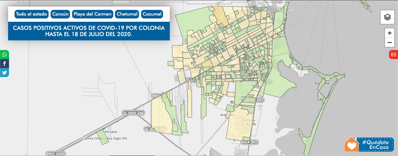 Colonias con casos de Covid-19 en Cancún