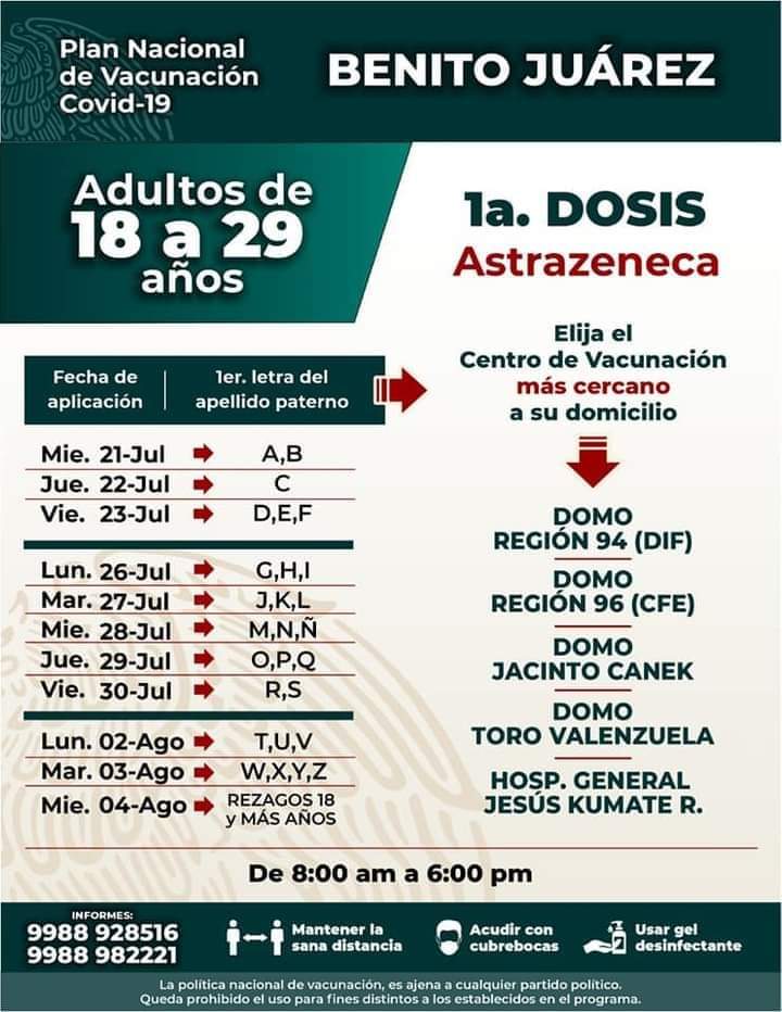 Ocho municipios de Quintana Roo registran este viernes jornadas de vacunación a personas de 18, 30 y 40 años. Consulta aquí los módulos.
