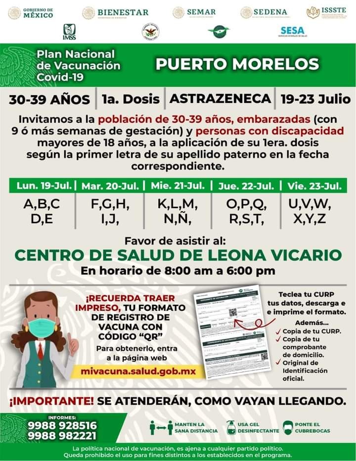 Arranca vacunación a personas de 30 a 39 años en Puerto Morelos