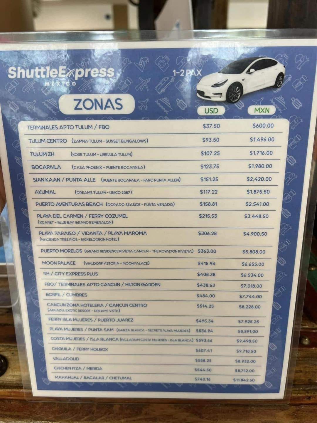 Imagen de tarifas de taxis en Aeropuerto de Tulum