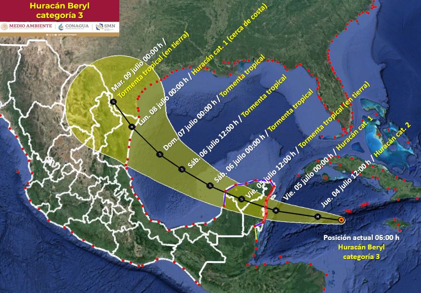 Pronostico de trayectoria del huracan Beryl de categoria 3